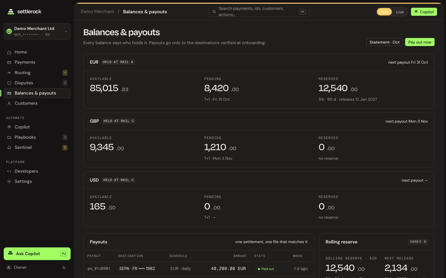 Settle in the Settlerock dashboard