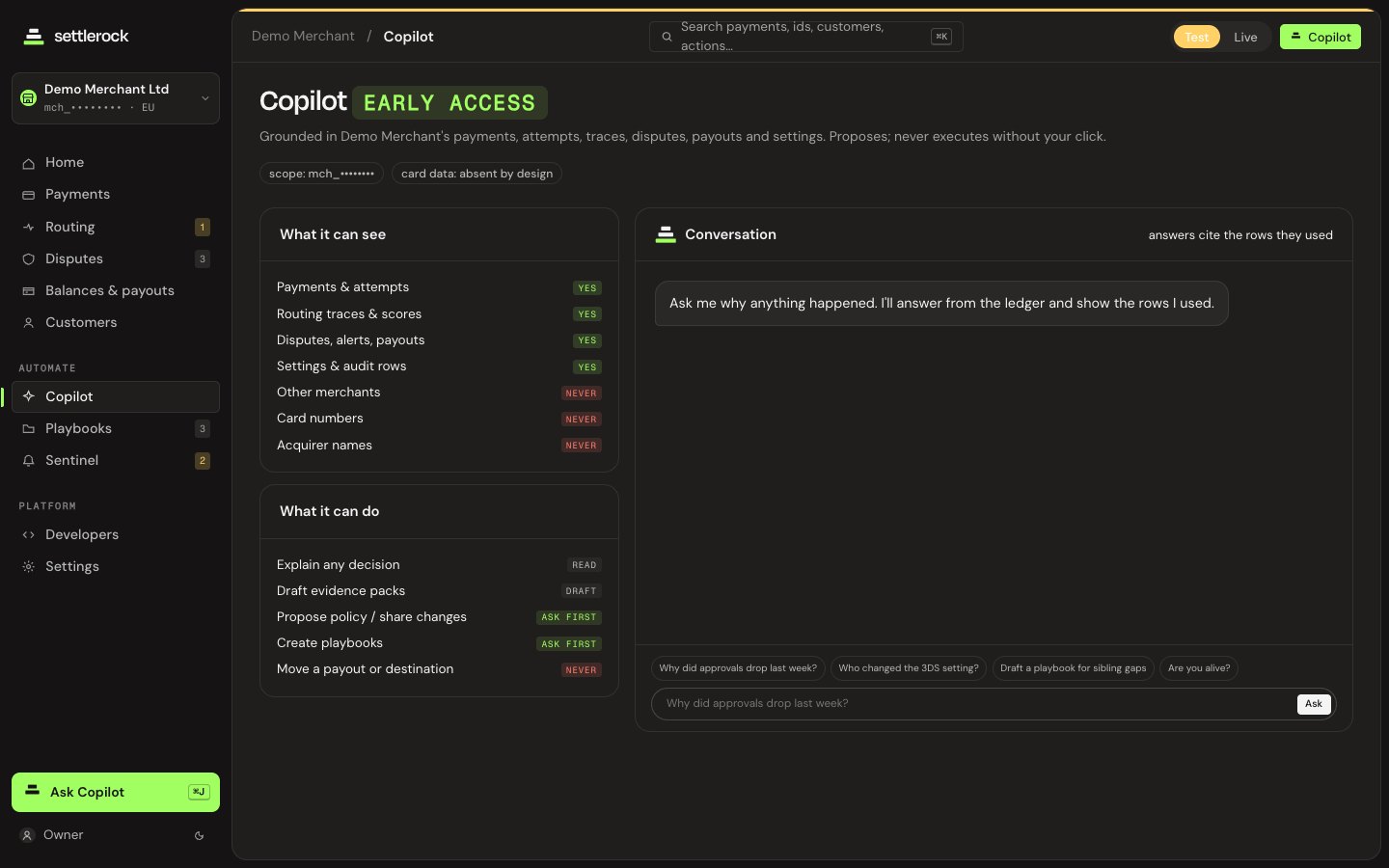 Copilot in the Settlerock dashboard