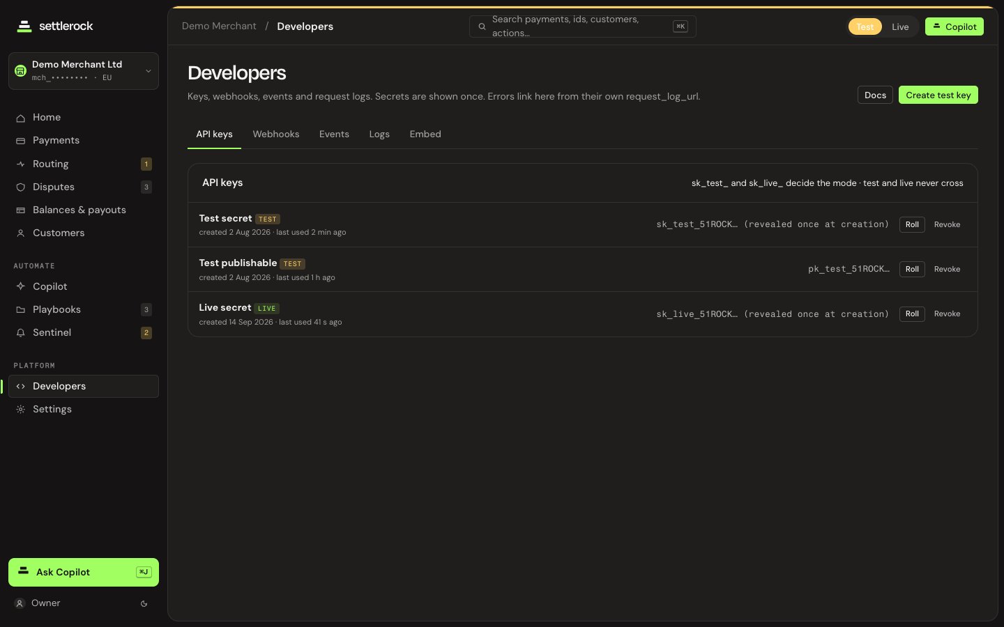 Developer settings in the dashboard